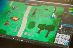 Piirretty kuvituskuva sähköisen piirtopöydän ruudulla.