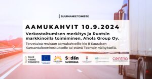 Aamukahvit 10.9.2024. Verkostoitumisen merkitys ja Ruotsin markkinoilla toimiminen, Ahola Group Oy. Tervetuloa mukaan aamukahveille klo 8 Kaustisen Kansantaiteenkeskukselle tai etänä Teamsin välityksellä. Toteuttajat ja rahoittajat: Euroopan unionin osarahoittama, Kaustisen seutu, Sydänsuomessa, Jyväskylän yliopisto Kokkolan yliopistokeskus Chydenius, Keski-Pohjanmaan liitto, Keski-Suomen liitto, Centria-ammattikorkeakoulu.