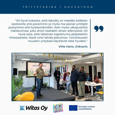 Witaksen yritystarina Digikeskuksen Hackathonista. Erävariksen yrittäjä Ville Varis: "Oli hyvä hoksata, että tekoäly on meidän kaikkien saatavilla yhä paremmin ja myös me pienet yrittäjät pystymme sitä hyödyntämään. Sain myös ulkopuolista näkökulmaa, joka antoi itsellekin ahaa-elämyksiä. Oli hyvä asia, että tällainen tapahtuma järjestettiin Viitasaarella, tästä voisi tehdä jatkumoa. Toivottavasti muutkin yritykset käyttävät tätä hyväksi."